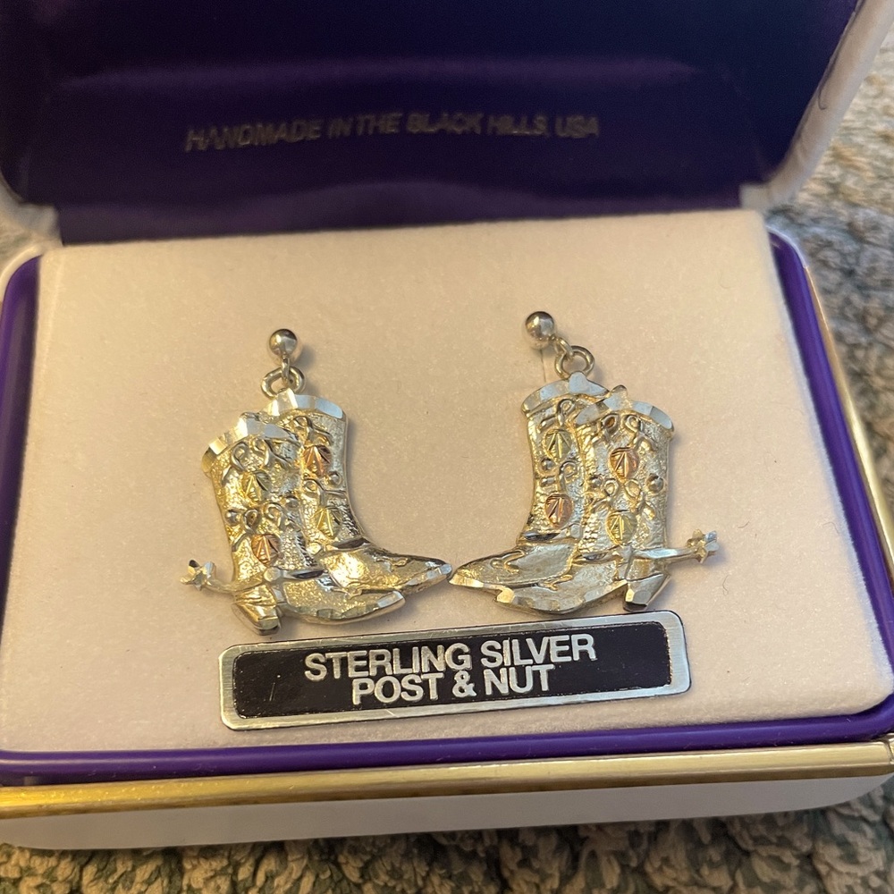Landstrom’s Gold on Silver Cowboy Boot Earrings NIB